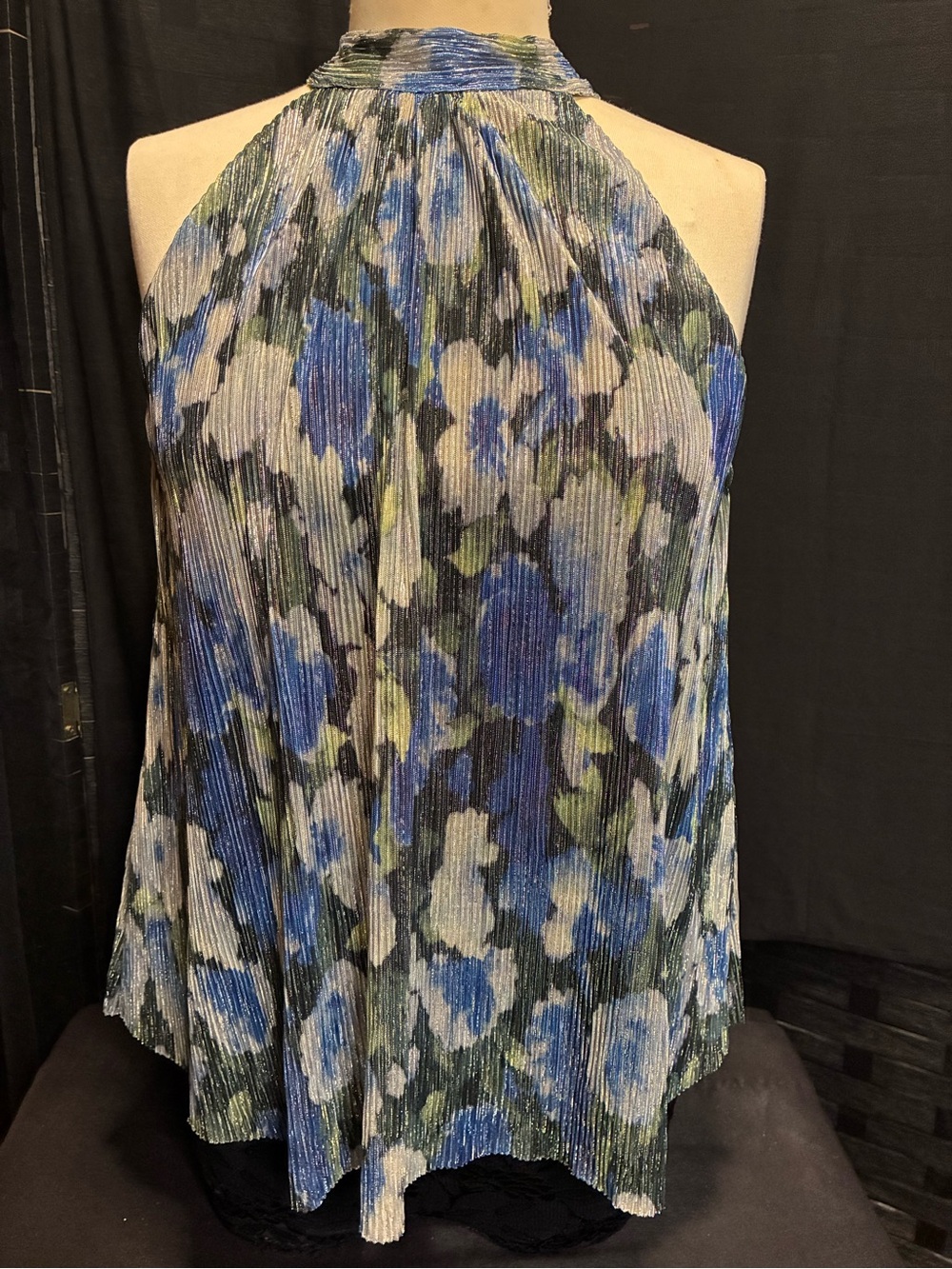 Halter Floral Pleated Camisole in Blue and Green